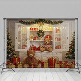 Aperturee - Aperturee Christmas White Cabinet Photography Backdrop Teddy Bears and Presents Display Farmhouse Holiday Photo Background
